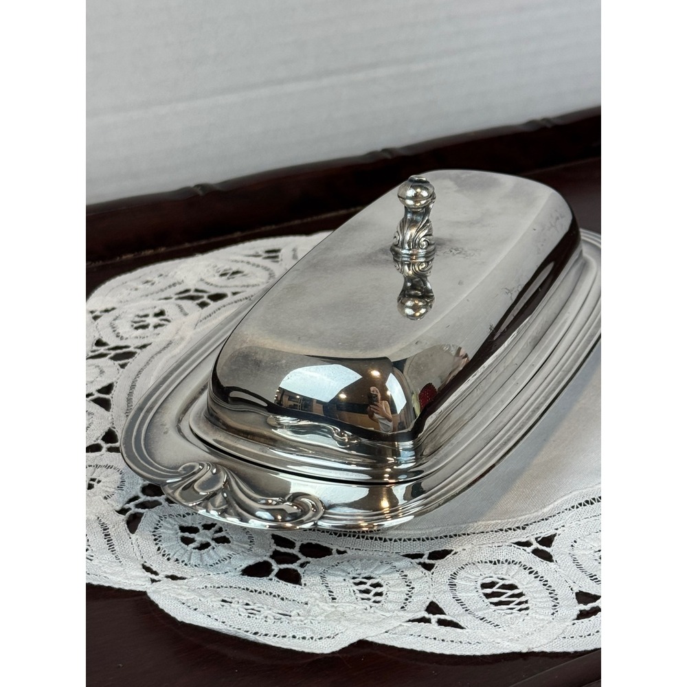 Vintage Silver Plated Butter Dish with Glass Insert Scrolled Handle Domed Lid